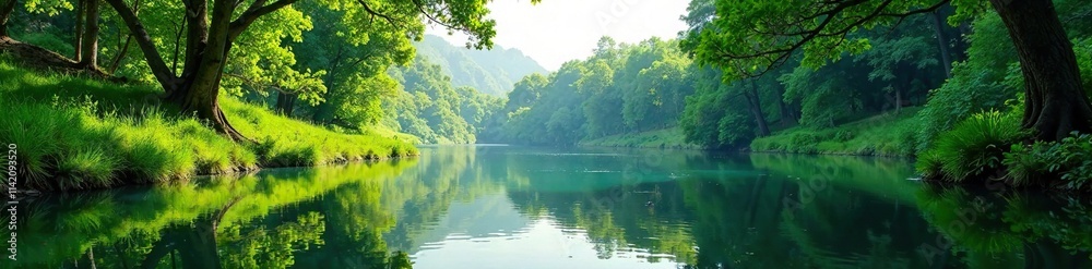 A serene riverbank with lush vegetation and towering trees frames a tranquil water surface, waterscape, r?o san juan A serene riverbank with lush vegetation and towering trees frames a tranquil water surface, waterscape, r?o san juan