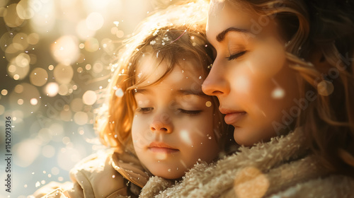 Woman is holding a child in her arms. The child is wearing a white coat and has snow on his face. The woman is wearing a brown coat and a scarf. The scene is peaceful and heartwarming photo