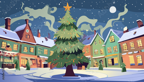Winter village with big fir tree and star on top of it with snowflakes. Vector illustration.