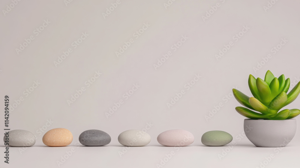 Minimalist arrangement of painted stones and succulent plant for zen inspired decor