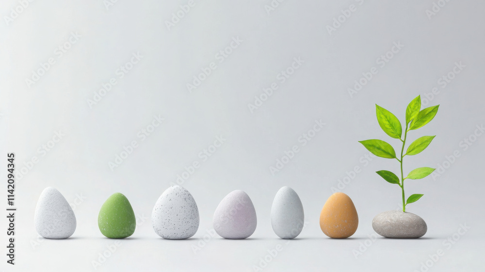 Minimalist art concept with painted stones and leafy plant on neutral background Minimalist art concept with painted stones and leafy plant on neutral background