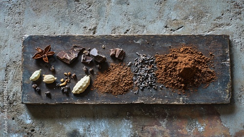 Cacao powder scattered over a rustic cutting board, with a mix of spices like nutmeg and cloves nearby photo