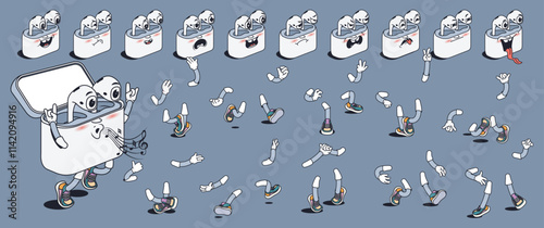 Headphones cartoon character with groovy comic faces set. Funny earphones mascot with bundle of whistle, happy, angry, sad and other facial emotions, legs poses, hands gestures. Vector illustration.