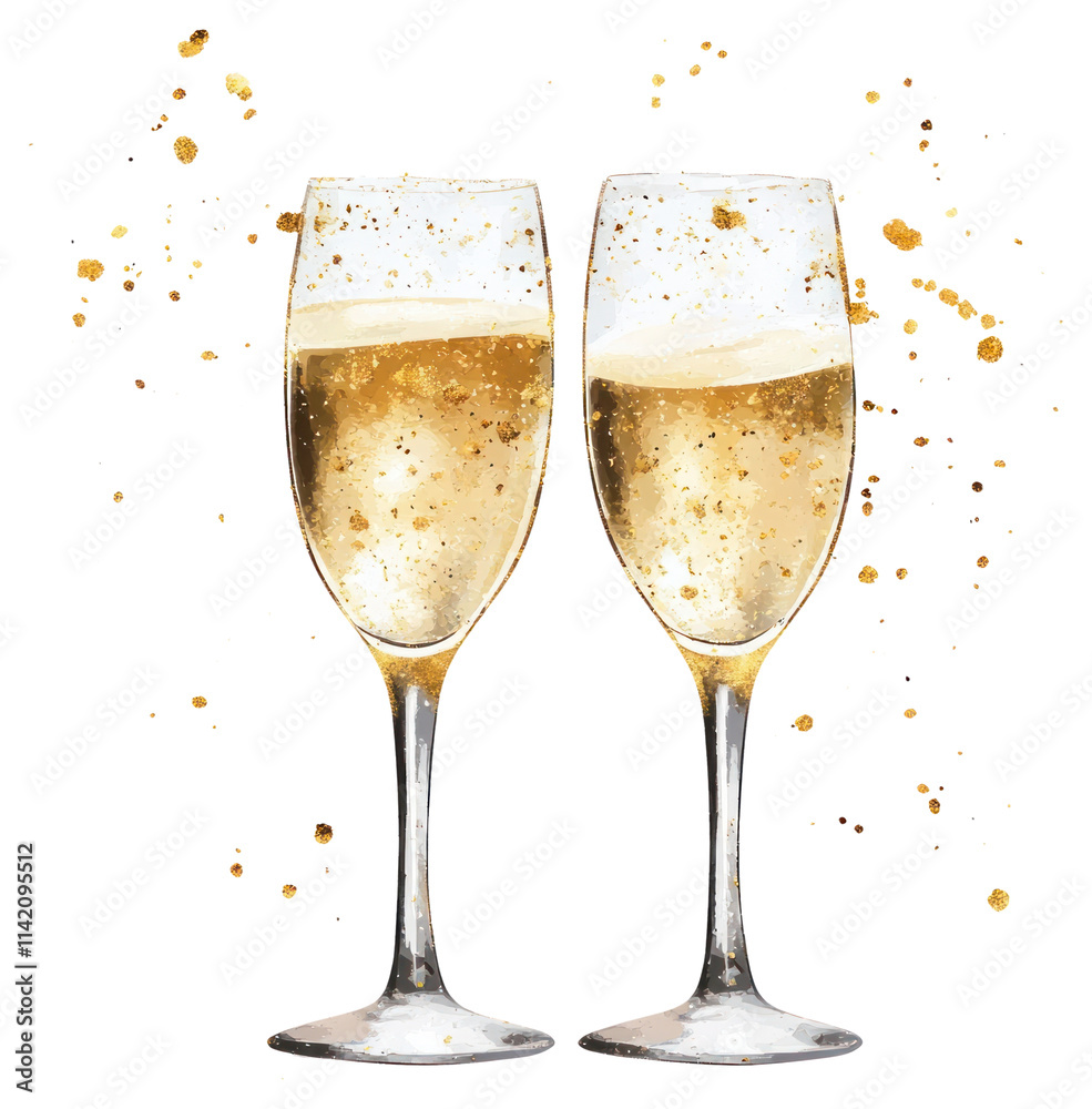 PNG 2 glasses of champagne surrounded by gold glitter illustration elegant wine. PNG 2 glasses of champagne surrounded by gold glitter illustration elegant wine.