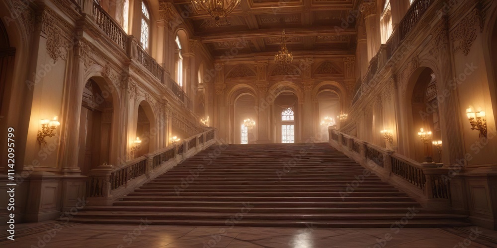 The palace's grand staircase at dawn with soft lighting, dawn, palace The palace's grand staircase at dawn with soft lighting, dawn, palace