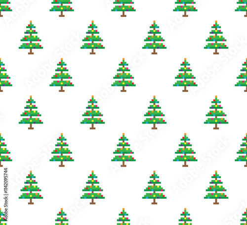 pixel christmas tree Seamless Pattern vector winter background pixel art for 8 bit game
