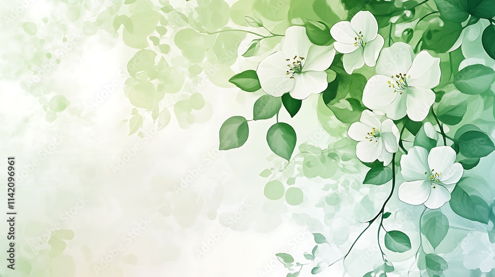 Fototapeta premium Delicate White Blossoms and Lush Green Leaves