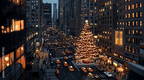 City Christmas tree nightscape, elevated view of illuminated New York street AI Generated