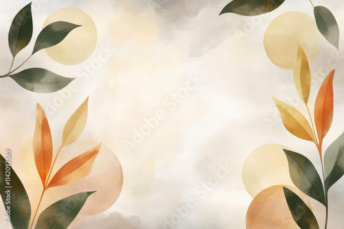 Soft Watercolor Background with Pastel Tones, Leaves, and Abstract Circles photo