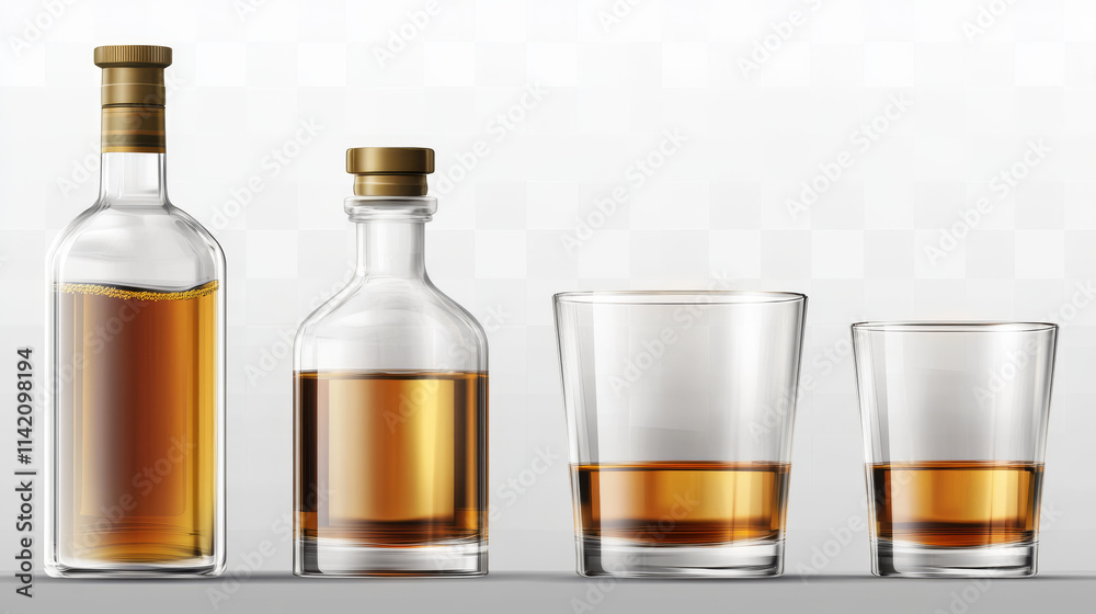 Bottle and shot glass side and top view set. Empty blank flask for alcohol drink design template mockup isolated on transparent and white background. Realistic 3d vector illustration, icon, clip art Bottle and shot glass side and top view set. Empty blank flask for alcohol drink design template mockup isolated on transparent and white background. Realistic 3d vector illustration, icon, clip art