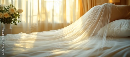Sunlit bedroom with sheer fabric draped over bed.