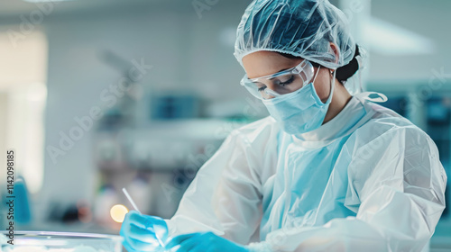 Professional cleanroom technician in full protective gear conducting laboratory procedures