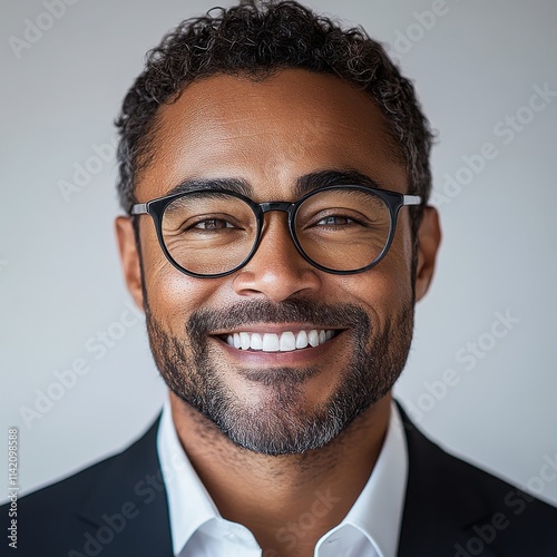 Confident and Professional Man with Glasses Smiling Brightly in Studio Setting, Exuding Warmth and Approachability for Business or Lifestyle Concepts