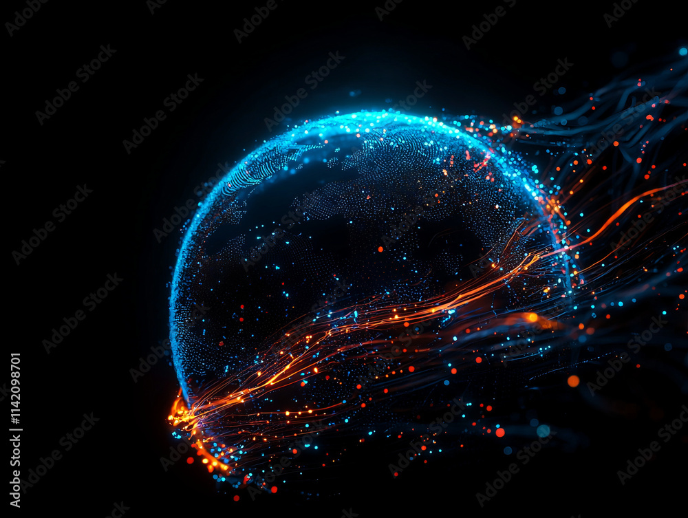Obraz premium glowing digital globe with dynamic data streams and vibrant light patterns on dark background