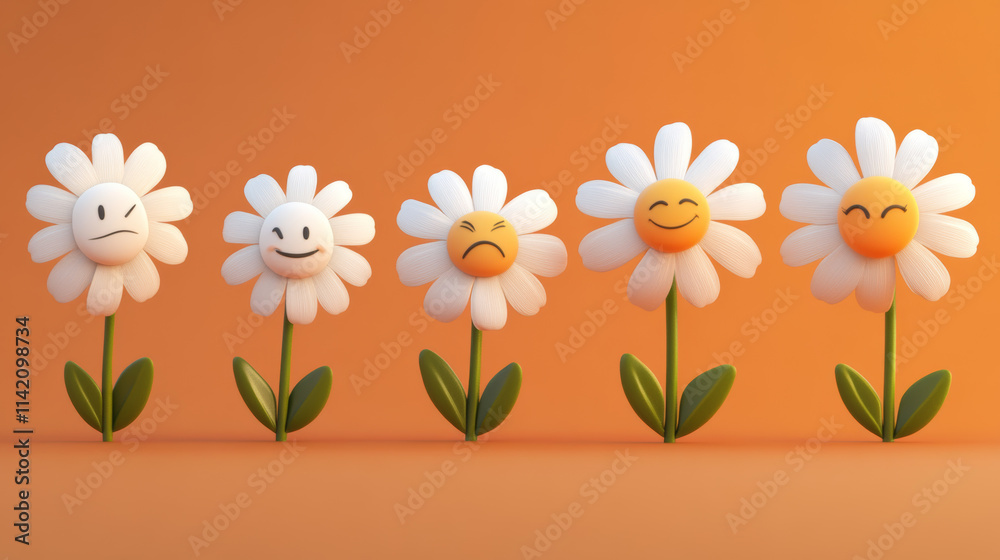 Daisy chamomile face emotions cartoon vector set. Isolated camomile flower character with bitten petal and mood expression. Comic groovy smile, sad, distrustful and cheerful bloom plant head. Daisy chamomile face emotions cartoon vector set. Isolated camomile flower character with bitten petal and mood expression. Comic groovy smile, sad, distrustful and cheerful bloom plant head.