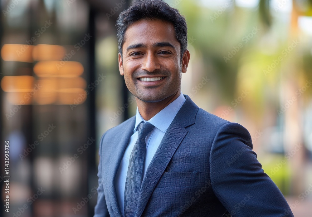 Confident businessman in a formal suit smiles warmly outside an office building while showcasing professionalism and approachability in a modern urban environment. Confident businessman in a formal suit smiles warmly outside an office building while showcasing professionalism and approachability in a modern urban environment.