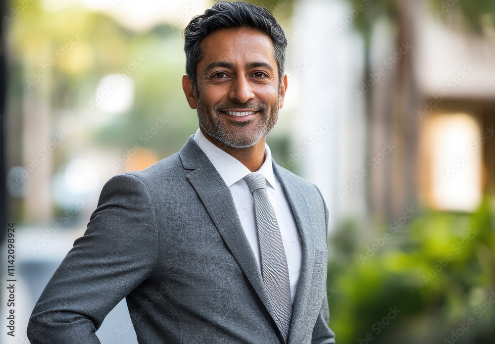 Confident Businessman in a Gray Suit Smiling Outdoors with Natural Light and Greenery Background in a Modern Urban Environment Confident Businessman in a Gray Suit Smiling Outdoors with Natural Light and Greenery Background in a Modern Urban Environment