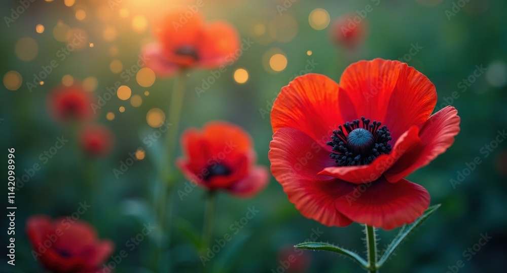 Obraz premium A vibrant red poppy flower on a delicate green stem, symbolizing remembrance, bathed in warm party lights and golden fireflies for a solemn yet beautiful effect.