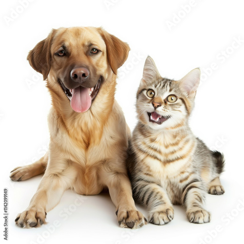 Joyful companionship: cheerful dog and cat duo against a clean white background