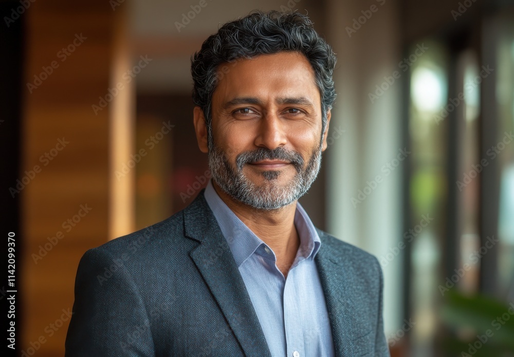 Obraz premium Confident Mature Man with Short Hair and Beard Posing in Business Attire in Modern Office Environment with Natural Light and Clear Background
