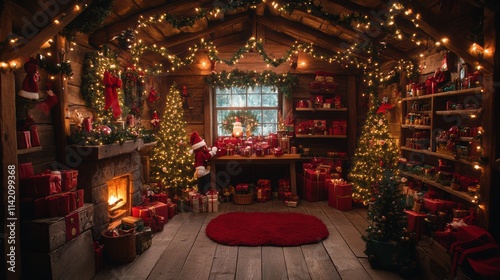 Luxurious Christmas interior with glowing trees, festive ribbons, decorative gifts, Santa helpers, cozy holiday atmosphere, seasonal decorations, elegant hall, magical winter scene.