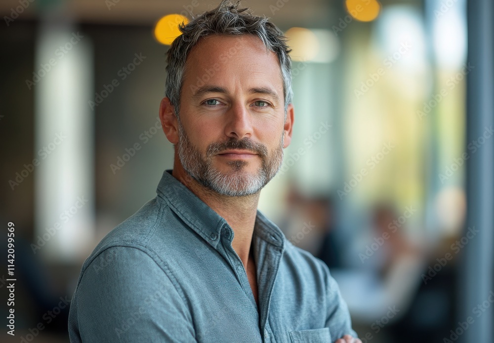 Confident middle-aged man in casual gray shirt, standing with arms crossed, smiling softly, looking directly at camera in bright modern office environment, soft bokeh background Confident middle-aged man in casual gray shirt, standing with arms crossed, smiling softly, looking directly at camera in bright modern office environment, soft bokeh background