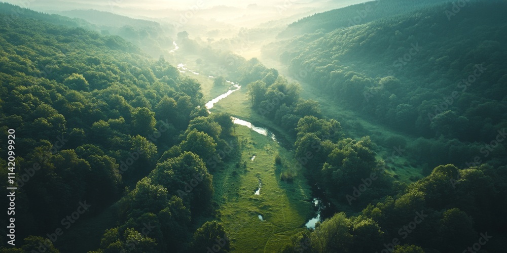 Aerial view of a serene valley with flowing river and lush green trees. The morning mist enhances the tranquil atmosphere. Perfect for nature lovers and landscape enthusiasts. AI Aerial view of a serene valley with flowing river and lush green trees. The morning mist enhances the tranquil atmosphere. Perfect for nature lovers and landscape enthusiasts. AI
