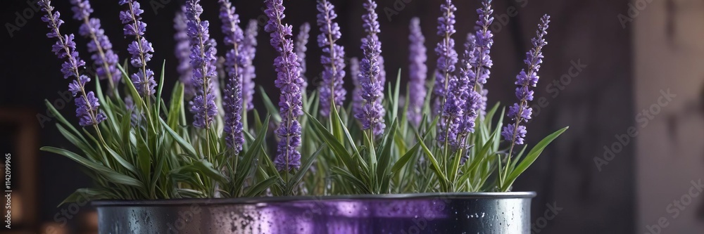 Fototapeta premium Fresh lavender and lilac stems in a mercury glass container, mercury glass, container, flower