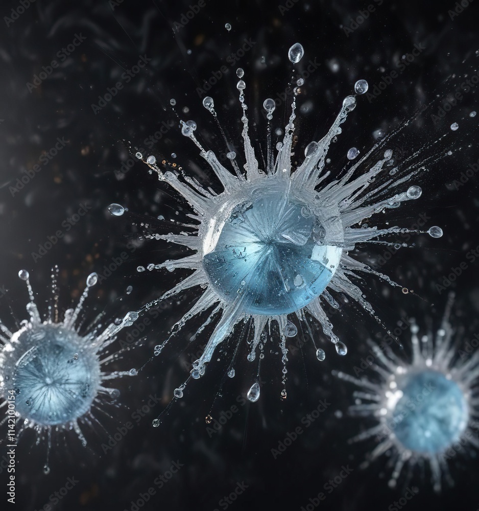 Obraz premium Explosion of sparkling water droplets frozen in mid-air against a dark background, frozen moment, frosty atmosphere, vibrant colors