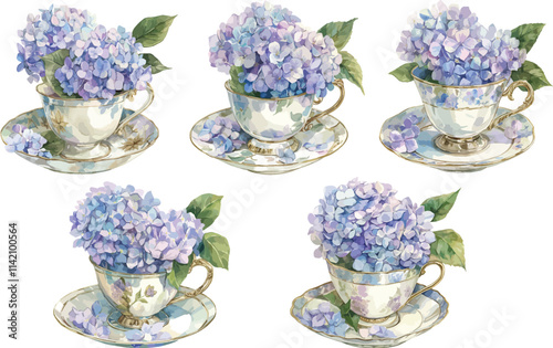 vintage tea cup with hydrangea watercolor clipart