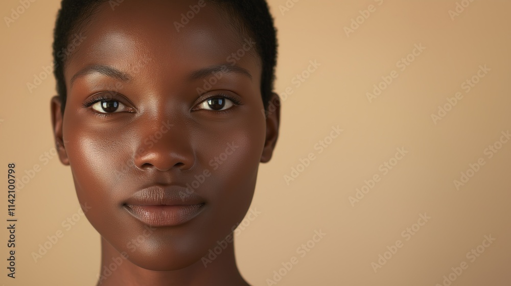 Studio portrait of a young black woman with clear skin, short hair, and a neutral expression, conveying natural beauty and confidence against a warm beige backdrop Studio portrait of a young black woman with clear skin, short hair, and a neutral expression, conveying natural beauty and confidence against a warm beige backdrop