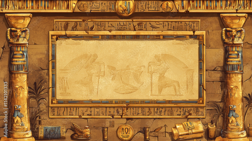 Ancient Egyptian game frame ui papyrus element. Egypt gold parchment ...