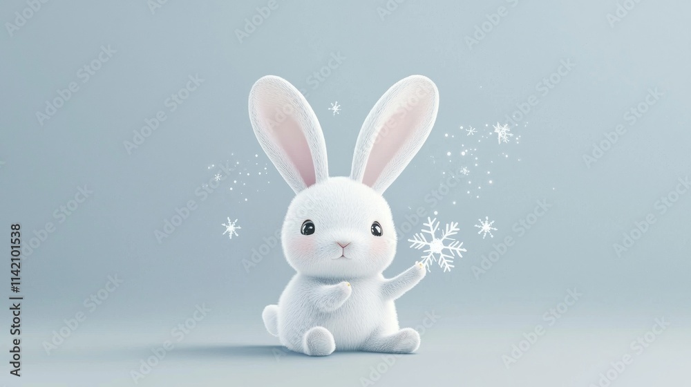 Fototapeta premium Charming 3d rendering features a fluffy white bunny holding a delicate snowflake, surrounded by sparkling snowflakes on a soft blue background, evoking a magical winter wonderland