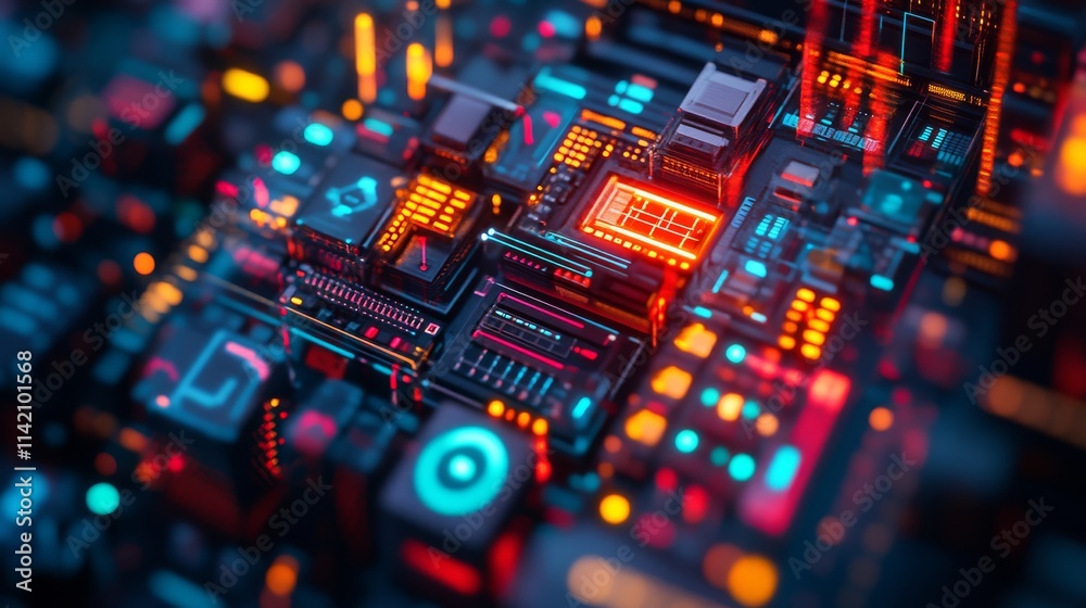 Obraz premium A vibrant close-up of a circuit board featuring illuminated components, showcasing intricate details in a high-tech design.