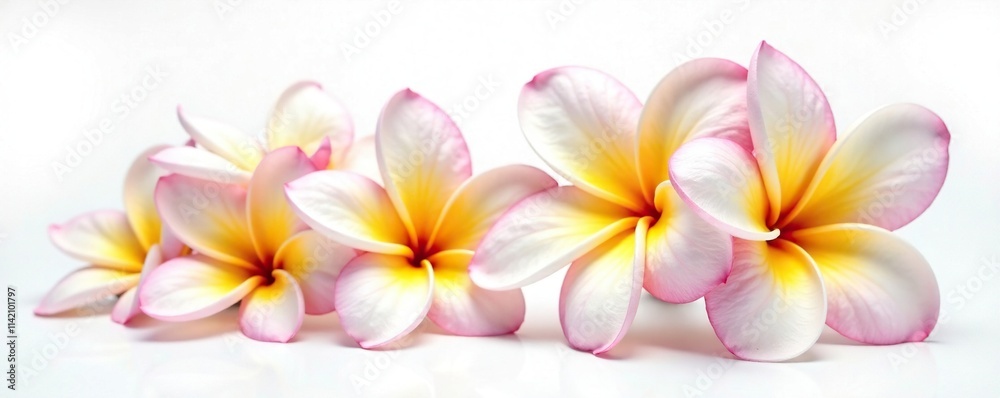 Naklejka premium Delicate frangipani plumeria flowers in full bloom on a white background, showcasing their intricate details, floral, frangipani, botanical