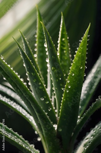 Close-Up View of Aloe Vera Plant with Water Droplets in Bright Light