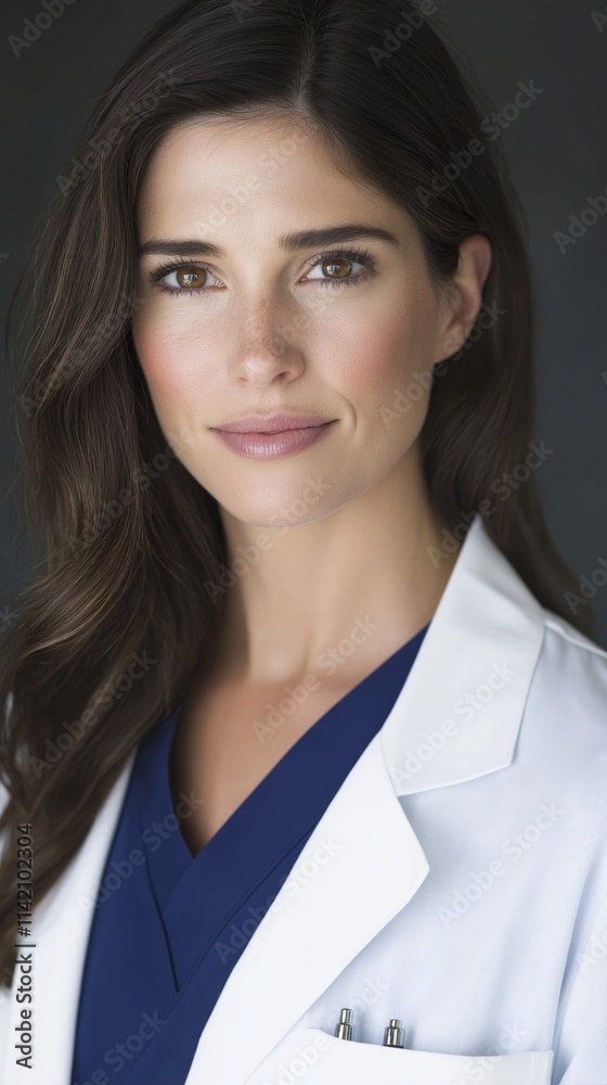 Capturing the essence of healthcare, a beautiful, smiling female doctor radiates confidence and professionalism while wearing a white coat and blue scrubs in a clinical setting Capturing the essence of healthcare, a beautiful, smiling female doctor radiates confidence and professionalism while wearing a white coat and blue scrubs in a clinical setting