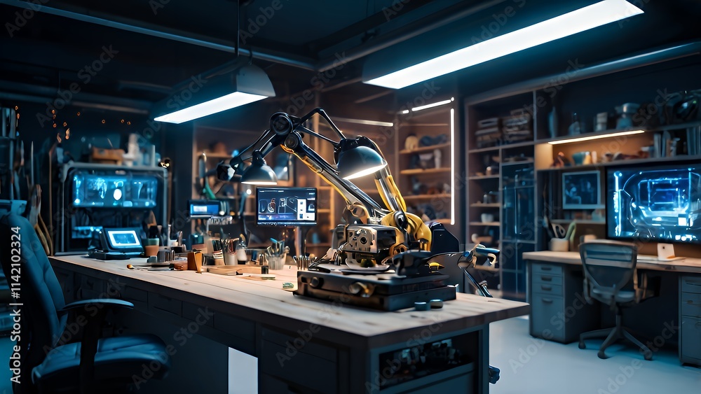 Naklejka premium A futuristic hobby workshop with AI-powered robotic arms building a model spaceship, holographic blueprints, and sleek furniture, emphasizing innovation and creativity.
