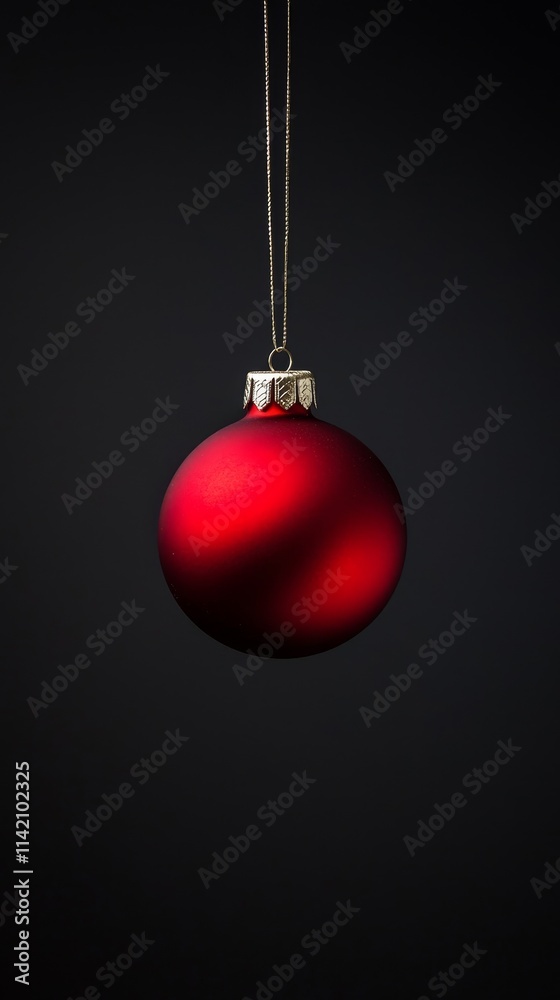 Red christmas ball hanging on a silver string against a simple, elegant black background, creating a minimalist festive scene perfect for holiday greetings or winter-themed projects Red christmas ball hanging on a silver string against a simple, elegant black background, creating a minimalist festive scene perfect for holiday greetings or winter-themed projects
