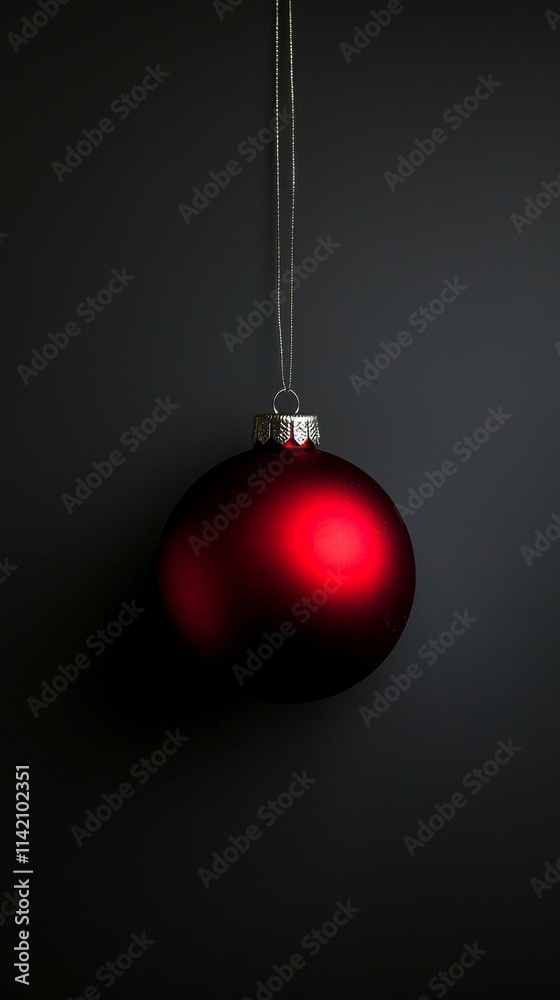 Red christmas ball ornament hanging gracefully from a silver string against a dark background, evoking a simple yet elegant atmosphere perfect for the festive season Red christmas ball ornament hanging gracefully from a silver string against a dark background, evoking a simple yet elegant atmosphere perfect for the festive season