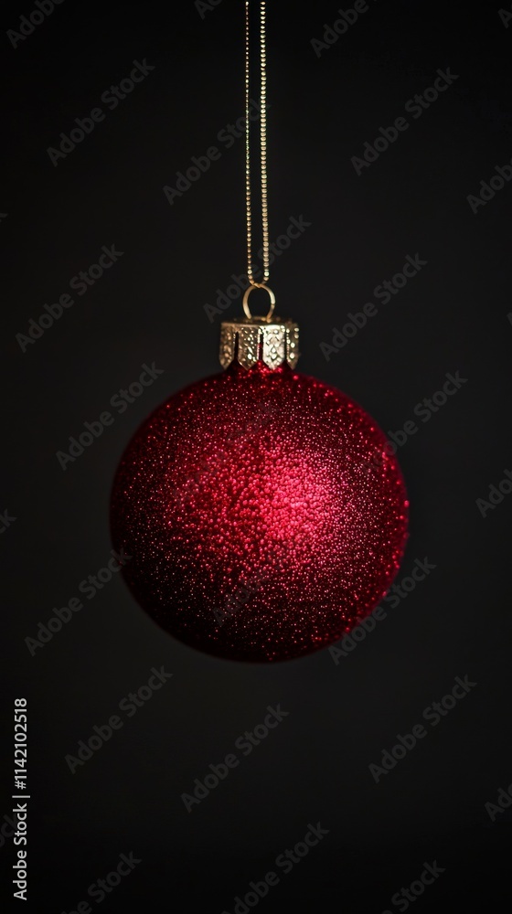 Studio shot of a single red christmas ornament hanging from a gold string against a simple, dark backdrop, creating a festive and elegant visual perfect for holiday projects Studio shot of a single red christmas ornament hanging from a gold string against a simple, dark backdrop, creating a festive and elegant visual perfect for holiday projects