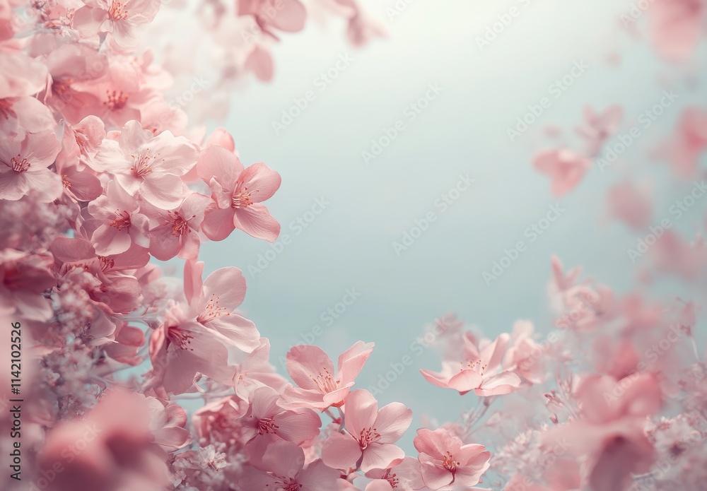 Obraz premium Delicate Pink Cherry Blossom Flowers Framing a Soft, Ethereal Background Perfect for Spring Themes and Floral Design Projects