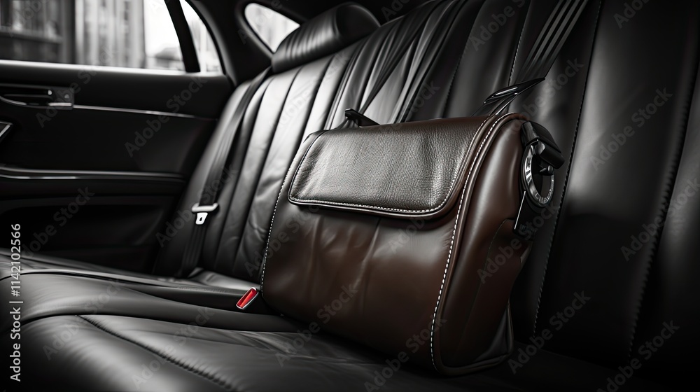 Fototapeta premium Brown leather bag resting on black leather car seat