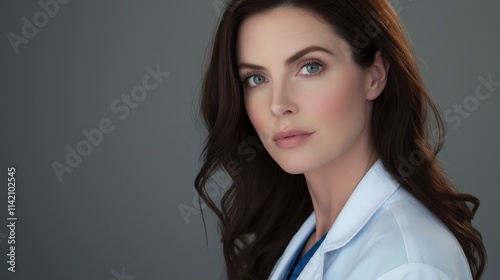 Studio portrait of a confident female doctor wearing a white lab coat and blue scrubs, exuding professionalism and expertise in the medical field