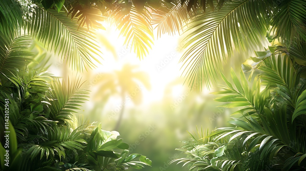 Lush Tropical Jungle Palm Leaves Sunlight Background Lush Tropical Jungle Palm Leaves Sunlight Background