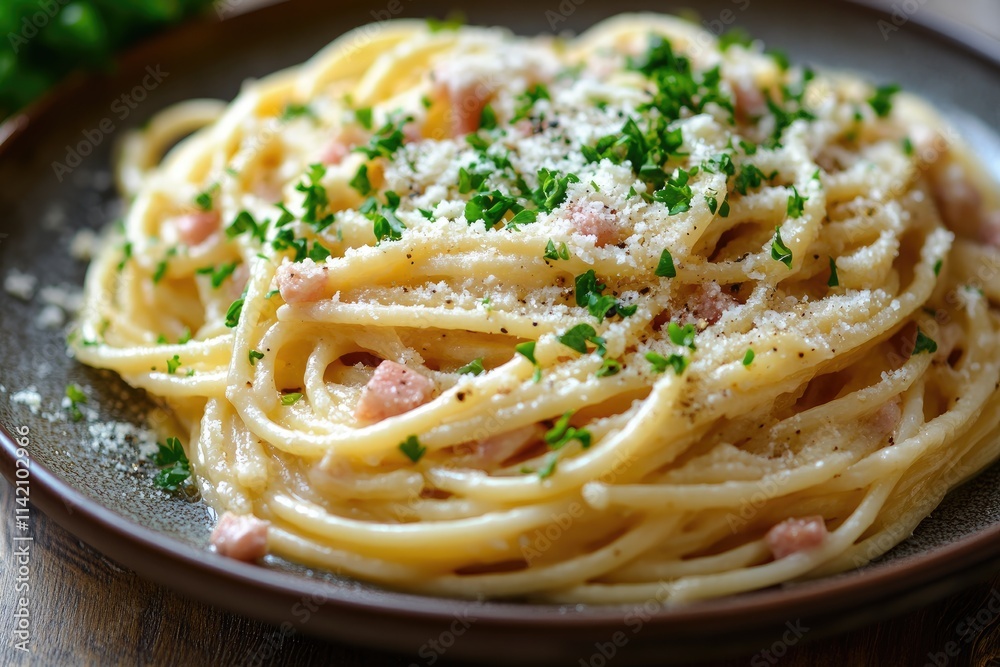Luxurious creamy carbonara spaghetti with rich authentic sauce, perfect for restaurant menu and food blog. Traditional Italian pasta photographed in high resolution with professional lighting for comm Luxurious creamy carbonara spaghetti with rich authentic sauce, perfect for restaurant menu and food blog. Traditional Italian pasta photographed in high resolution with professional lighting for comm