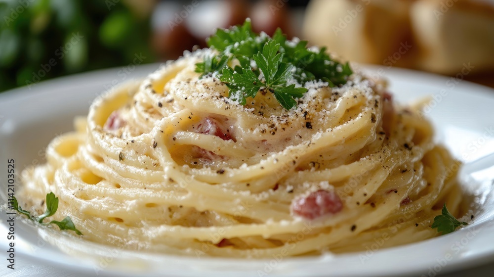Luxurious creamy carbonara spaghetti with rich authentic sauce, perfect for restaurant menu and food blog. Traditional Italian pasta photographed in high resolution with professional lighting for comm Luxurious creamy carbonara spaghetti with rich authentic sauce, perfect for restaurant menu and food blog. Traditional Italian pasta photographed in high resolution with professional lighting for comm