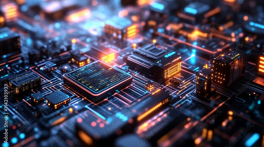 A vibrant, futuristic circuit board with glowing components, showcasing intricate pathways and a high-tech design. A vibrant, futuristic circuit board with glowing components, showcasing intricate pathways and a high-tech design.