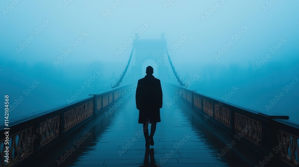 Fototapeta premium Depression and sadness diagnosis, A solitary figure walks along a misty bridge, enveloped in a blue haze, creating a mysterious and contemplative atmosphere.
