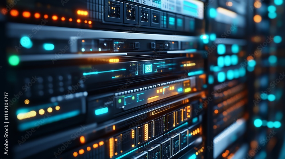 A close-up view of a modern data server rack illuminated with colorful lights, showcasing technology and digital infrastructure. A close-up view of a modern data server rack illuminated with colorful lights, showcasing technology and digital infrastructure.